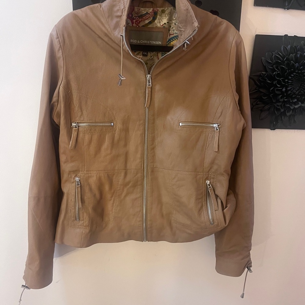 Bod & Christensen Tan Leather Zip-Front Jacket